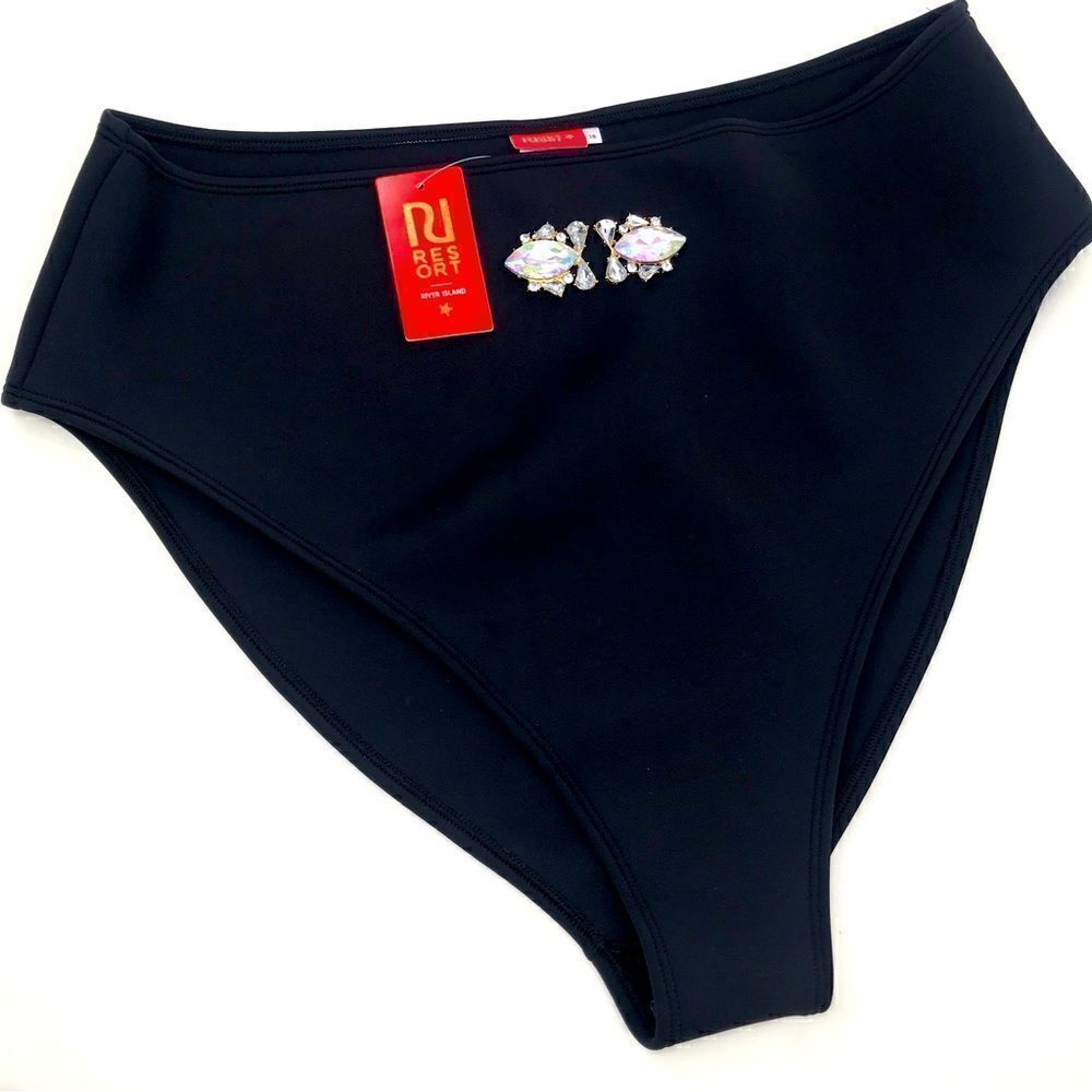 River Island Resort Black Scuba Swim Bikini Bottoms with Gemstone Bling